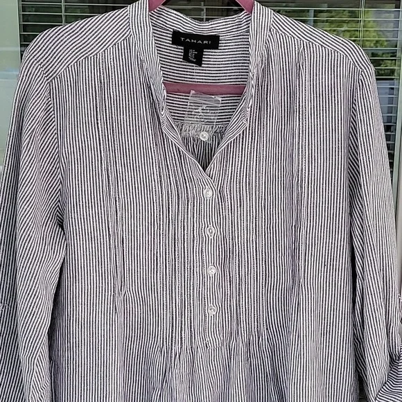 NWT Tahari Black & White Striped Linen Blend Roll Tab Sleeve Pullover Dress Sz M - Picture 1 of 8